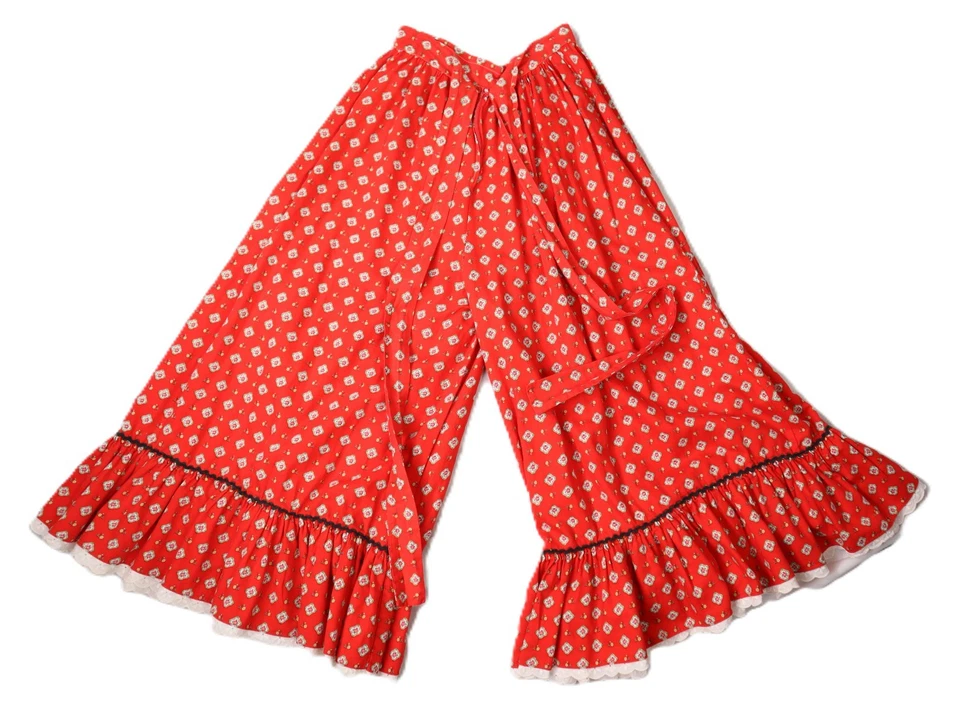 VTG 70s Women's 6 S M Wide Leg Long Baggy Gaucho Prairie Print Cottage Pants - Image 3 of 4