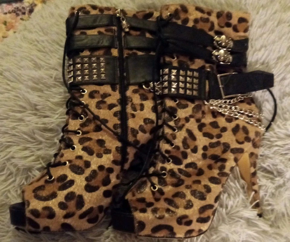 RARE Abbey Dawn by Avril Lavigne High Heel Studded Open Toe Leopard Print Boots - Image 2 of 4