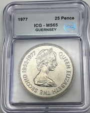 1977 Guernsey 25 Pence ICG MS65 Silver Jubilee KM#31 Copper-Nickel 207K Minted