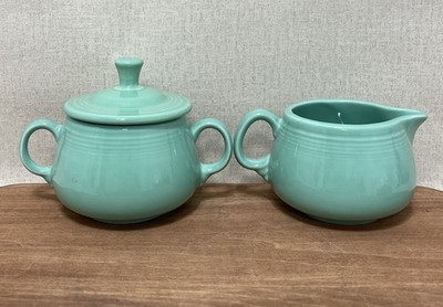 Homer Laughlin Fiesta Sea Mist Mint Green Sugar Bowl w Lid Creamer Set USA