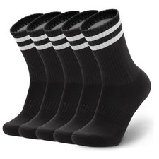 5 Pairs Striped Crew Socks Cotton Cushioned Athletic Sports Large Black