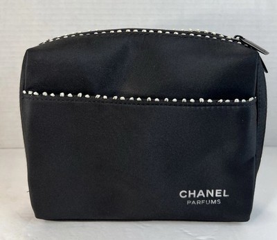 Chanel Parfums Cosmetic Bag Makeup Pouch Black Organizer Pockets