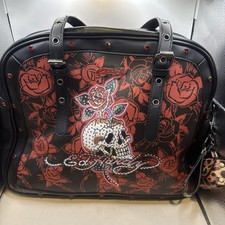 Ed Hardy Red Black Tote Bag with Skull, Rose, Rhinestone, Studded Accents