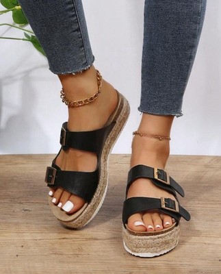 Double Buckle Black Espadrille Platform Women s Slides Size 37 Super Cute!