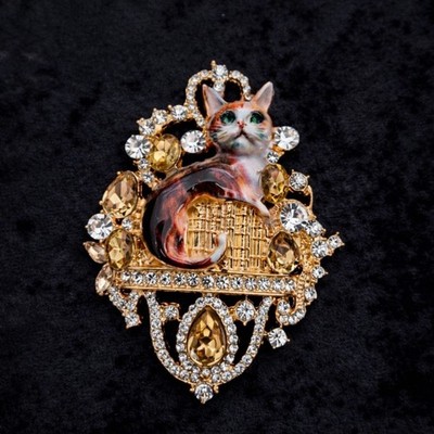 Vintage Stil Katze Brosche goldfarben mit klaren Strasssteinen - Statement Pin