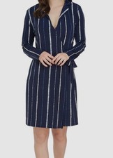 H Halston Women's Blue Long Sleeve Belted V-Neck Wrap Dress Size M