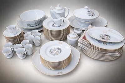 Limoges Porzellan Dinner Set Paradiesvögel 12 Personen komplett Gold Vintage