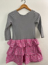 Mini Boden Youth Girls Dress Pink Gray Stars Stripes Ruffle Size 9 - 10 Y T18