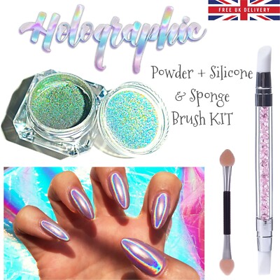 Nagel Chrom Pulver Regenbogen Holografisch KIT 15um Super Fein + Silikon Pinsel Zum Selbermachen