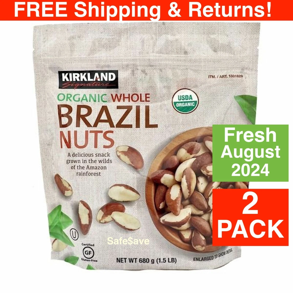2 PACKS 3 Lbs Kirkland ORGANIC Whole Brazil Nuts Raw Unsalted