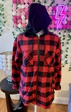 Womens Flannel Plaid Hooded Zip Jacket Shacket Long Sleeve Boyfriend Shirt Sz 8