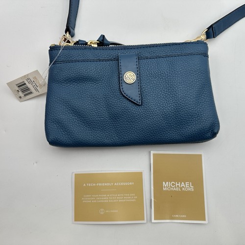 Michael Kors Crossbody Medium Leather Tab Double Zip Handbag (Blue) Chambray