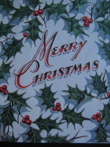 1950s vintage greeting card CHRISTMAS Glittered Holly Around "Merry Christmas" - Picture 2 of 12