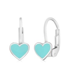 14K White or Yellow Gold Small Heart Leverback Earrings with Light Blue or Pink