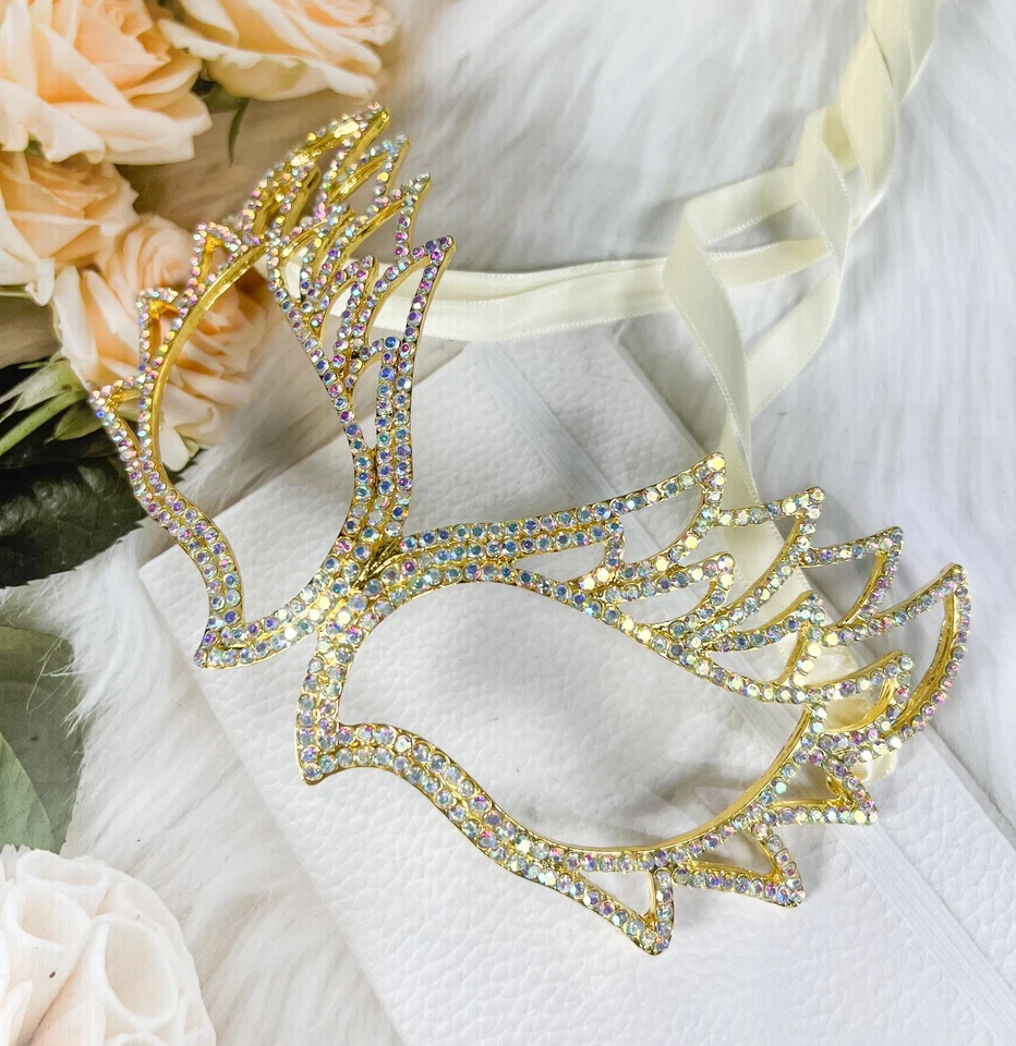 Máscara de Mascarada Dorada, Máscara Veneciana de Mardi Gras, Máscara de Ojos de Fiesta de Baile de graduación de Cristal AB Foto 2 de 4