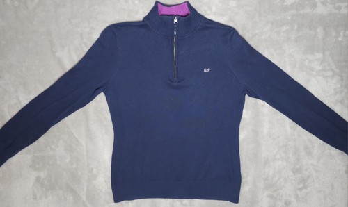 Vineyard Vines 1/4 Zip Pullover Sweater Medium Navy Blue Purple Whale - Picture 2 of 13