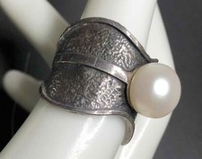 5222 SHUBE 925 oxidized Sterling Silver textured band Pearl Ring Sz 7 6.7 gram 