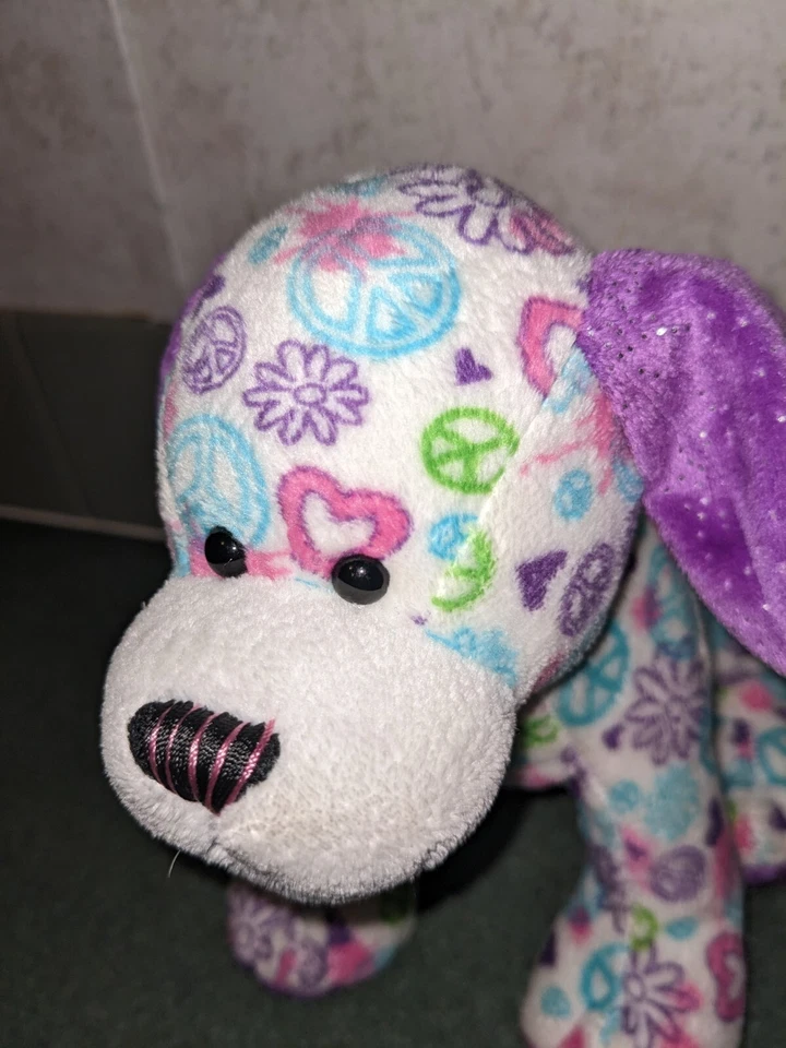 Ganz Webkinz Peace Out Puppy Plush Heart Flowers purple Stuffed animal toy 8 in - Image 2 of 4
