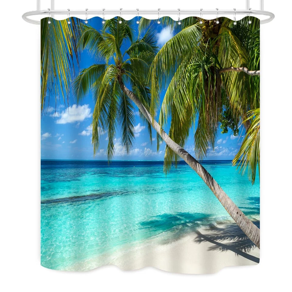 ZXMBF Ocean Shower Curtain Palm Trees Beach Summer Seaside Tropical Island Coast - Image 3 of 4