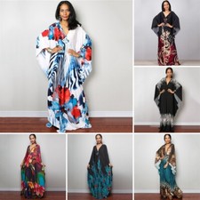 Women V-neck Floral Striped Maxi Dress Bohemian Baggy Kaftan Party Vintage