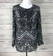 Sanctuary Clothing Top Women's M Black Gray White Button Tie Neck Embroidery