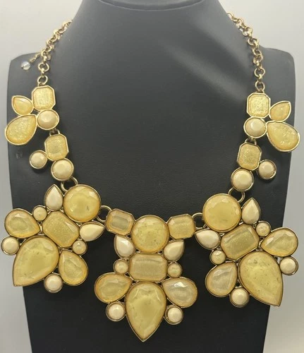 Vintage Yellow Bib Statement Necklace Gold Tone Chunky Estate Costume Jewelry