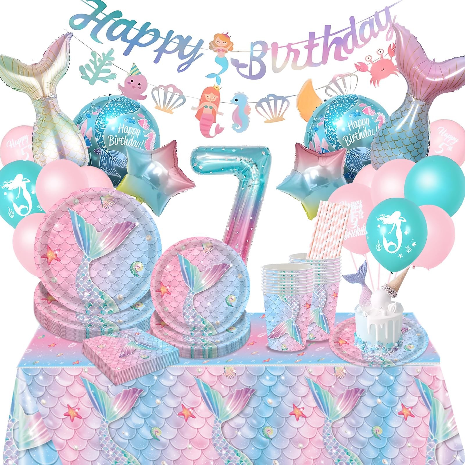Décoration anniversaire sirène 7 ans fille et kit de ballons thématiques pour table et salon