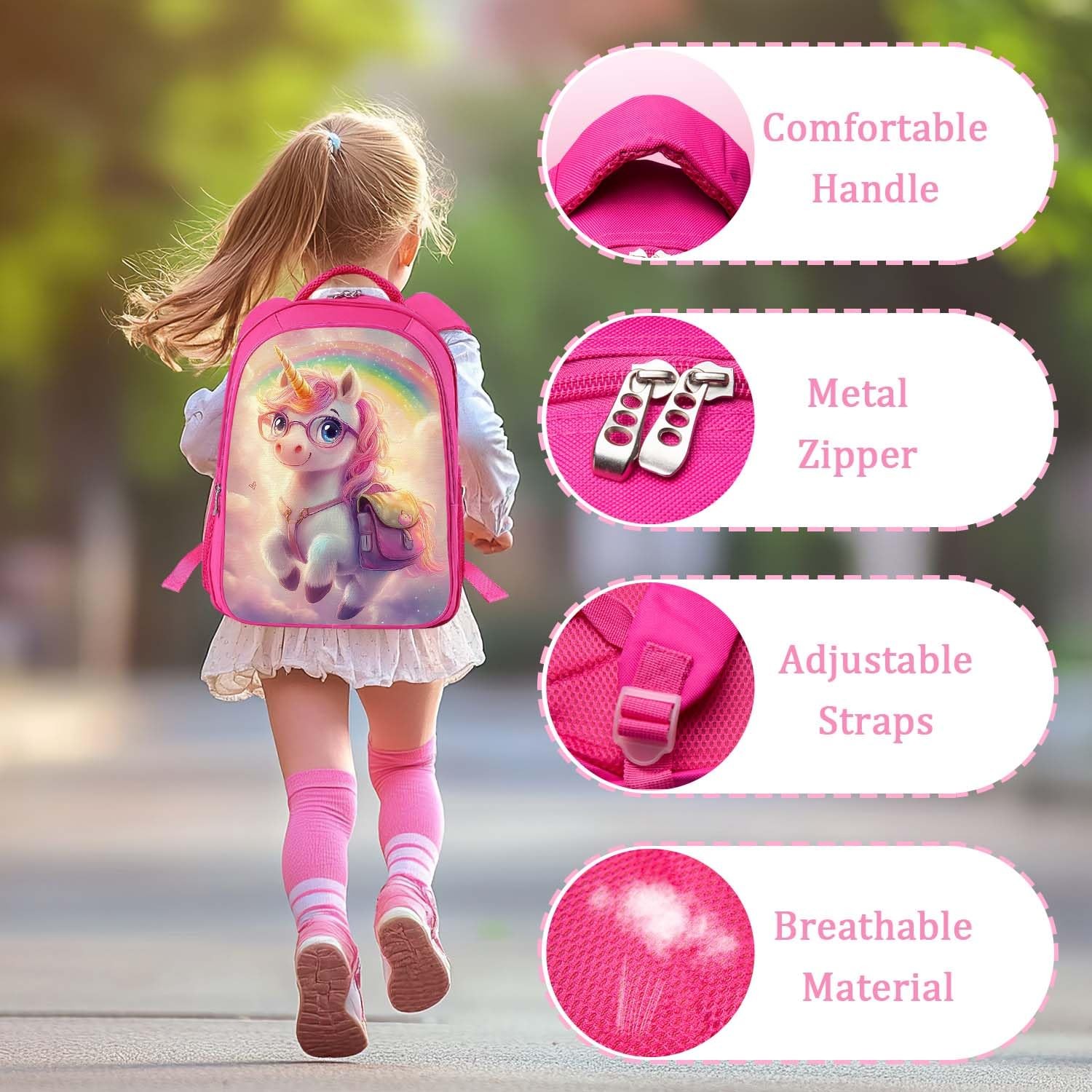 Cute Unicorn Pink Backpack 3PCS 16" Preschool Elementary Schoolbag with Lunch...