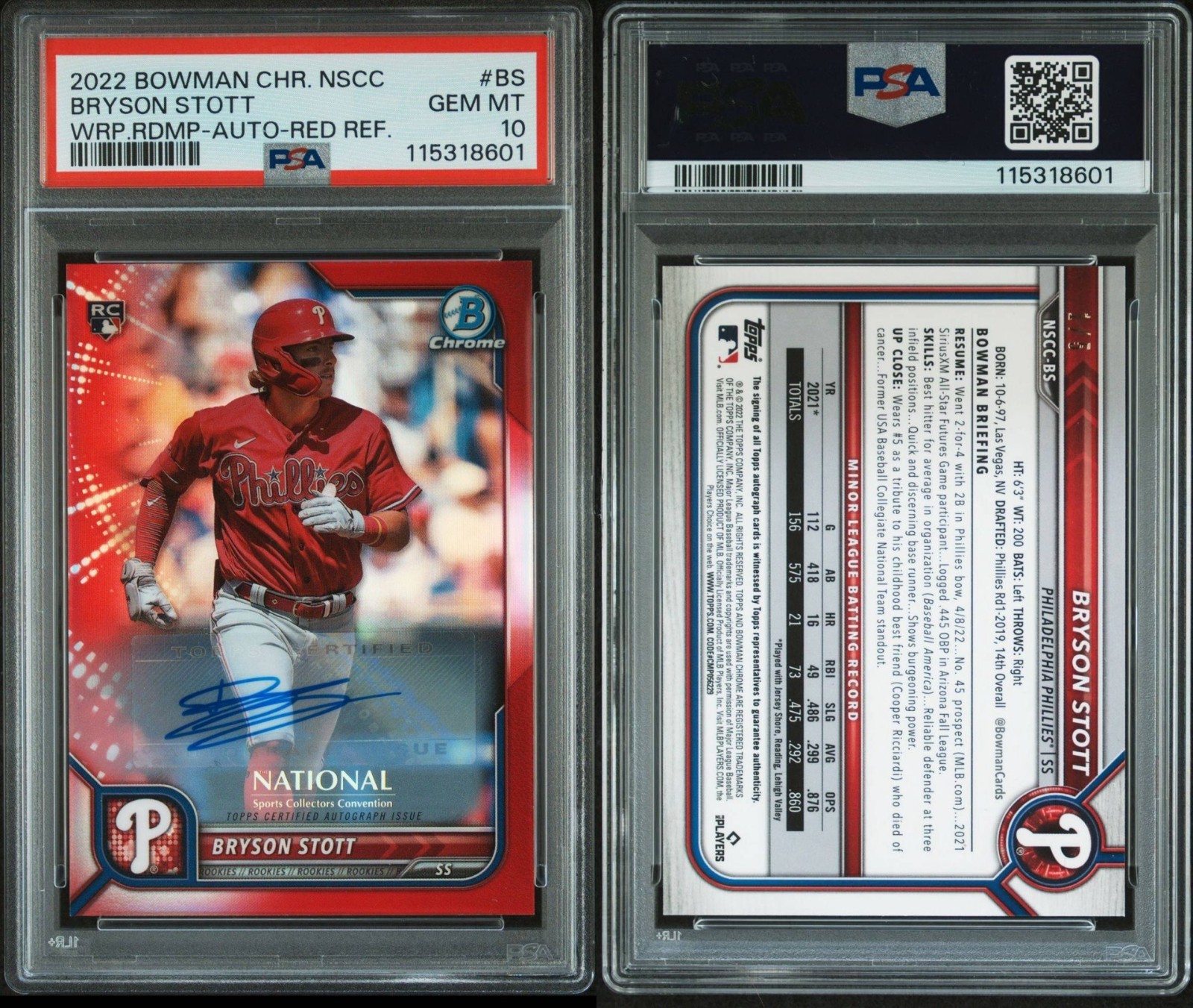 2022 Bowman Chrome National Red Auto /5 #BS Bryson Stott Rookie PSA 10 Gem Mint