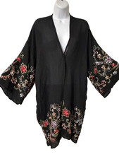 Black Embroidered Kimono Cardigan Duster One Size Flowy Whimsigoth Dark Fairy