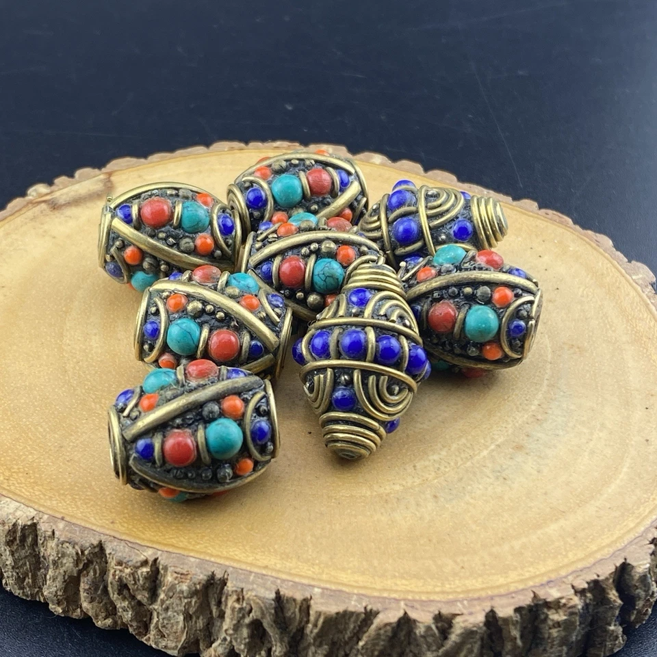 Tibetan Nepal Jewelry Artisan Handmade Brass Turquoise Lapis Coral 8 Masala bead - Image 3 of 4