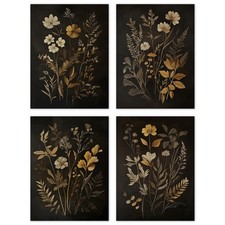 Botanical Wall Art Prints Set 4 Unframed 12x16 Black Gold Floral Bedroom Decor