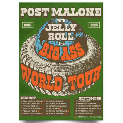 Post MALONE The Big Ass World Tour 2025 POSTER ALL Dates UK & Europe Poster