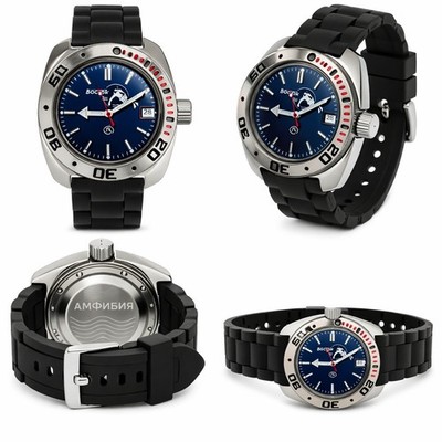 Vostok Amphibia Automatic Wristwatch Blue Dial Stainless Steel Black Rubber Div 
