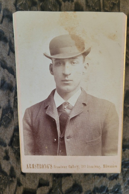 CDV Cabinet photo, Man with hat, Armstrong's  Photos, Milwaukee, WI trimmed (?)