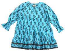 TUCKERNUCK Blue Brown Floral 100% Cotton Long Sleeve Tiered Smock Dress Small