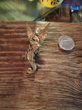 JJ Jonette Brass/Pewter Dragon Brooch Pin Red Rhinestone Eye Mystic Rainbow Ball