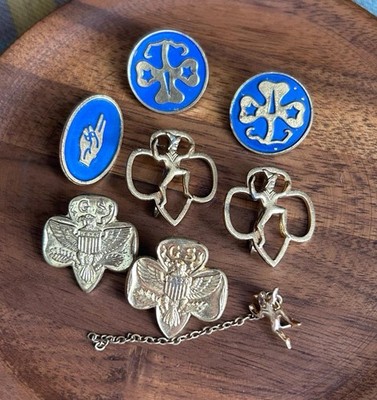 Vintage Girl Scout Pins Lot 8 Trefoil GS Eagle Enamel Badges