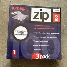 New Sealed iomega Zip 100 3-Pack 100MB Disks Formatted for IBM Compatibles