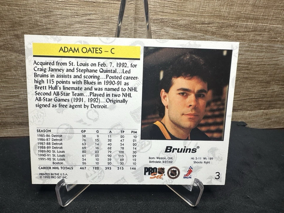 1992-93 Pro Set #3 Adam Oates Boston Bruins Salón de la fama en persona en tarjeta automático Foto 2 de 2