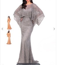 Lucci Lu Gray Embellished Lace Overlay Cape Formal Gown Evening Dress 4W