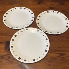 3 Corelle GEOMETRIC 10 1/4" Dinner Plates ~ Brown Tan Green Squares 