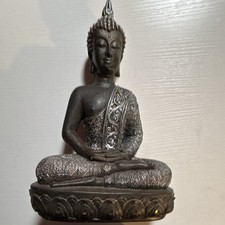 Seated Buddha Statue Figure on Lotus Base Gray/Black Buddhism