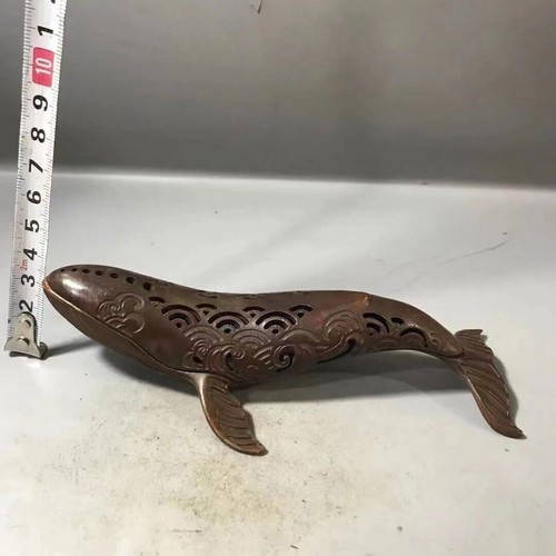 Old Chinese Handmade Red Copper Water Ripple Pattern Fish Shape Incense Burner - Picture 6 of 9