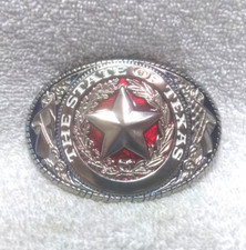The State Of Texas Silver Red Enamel Texas Star Oval Buckle Flag Sided Great  