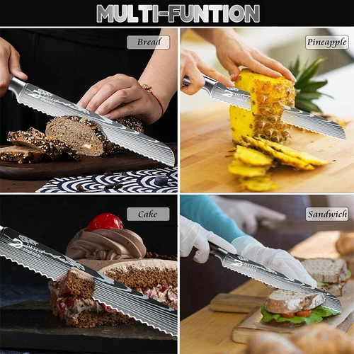 8” Bread Knife High Carbon Steel Damascus Kitchen Chef Knife Serrated Knife Gift - Picture 13 of 13
