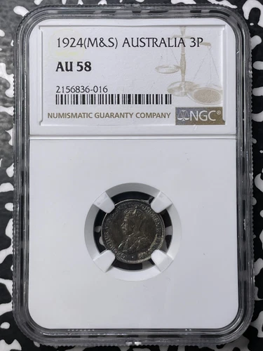 1924 Australia 3 Pence Threepence NGC AU58 Lot#G8533 Silver! Beautiful Toning!