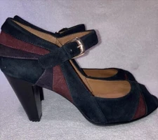 Sofft Black Maroon Suede Peep Toe Comfort Insole Mary Jane Pumps Heels Size 9M