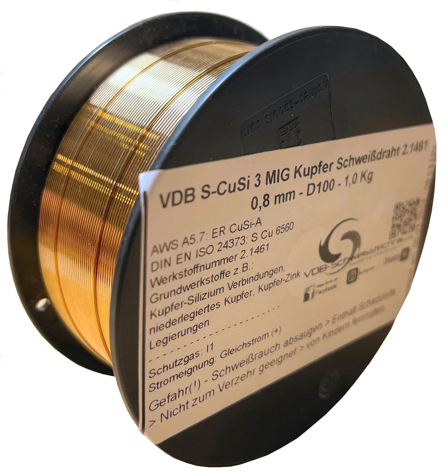 VDB CuSi 3 0,8 mm Kupfer Schweissdraht MIG Schweissen Löten Cupfer 2.1461 Spule D100