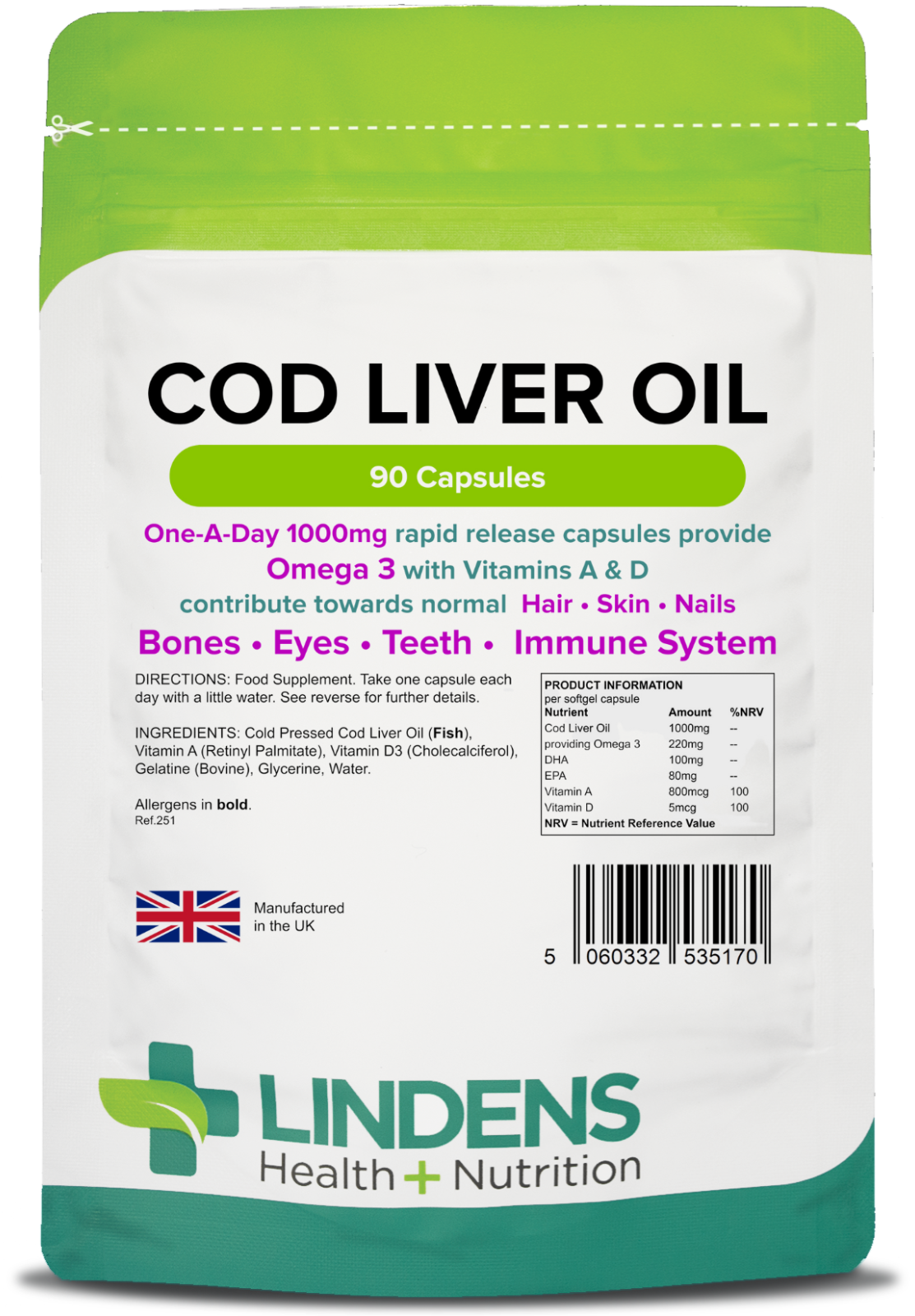COD Liver Oil Capsules (90) STRONG 1000mg Joints, Heart Health Lindens - Image 5